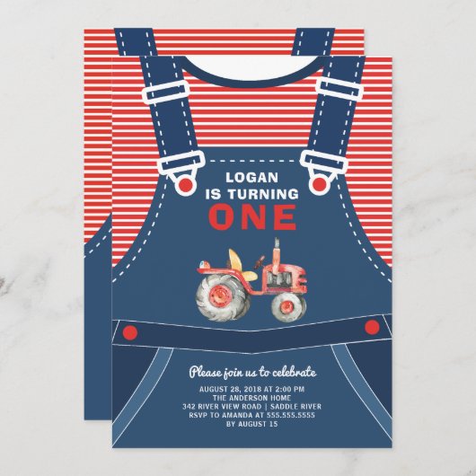 Invitation Cute Overalls Farm Tractor Garçons Anniversaire In (Devant / Derrière)