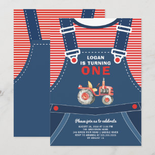 Invitation Cute Overalls Farm Tractor Garçons Anniversaire In