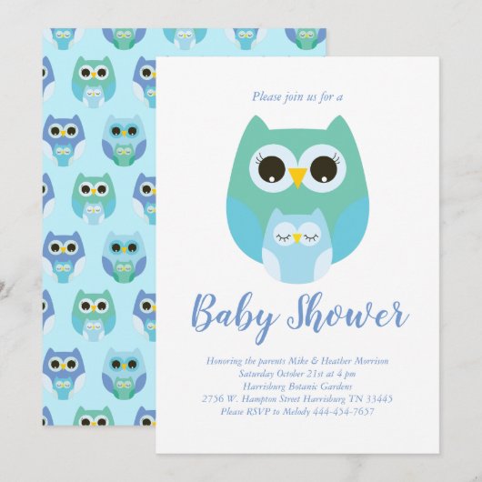Invitation Cute Owl Baby shower Blue Bird Boy (Devant / Derrière)