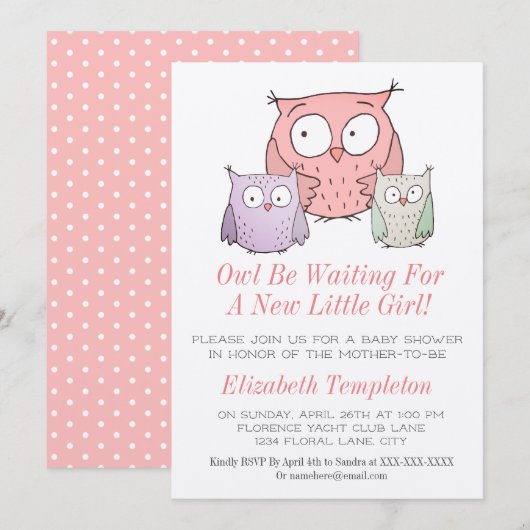 Invitation Cute Owl Baby shower C'est une fille rose (Devant / Derrière)