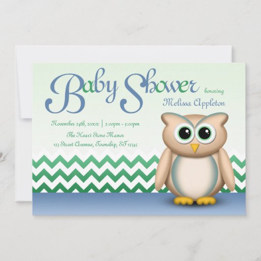 Invitation Cute Owl - Baby shower Chevron bleu et vert (Devant)