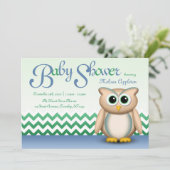Invitation Cute Owl - Baby shower Chevron bleu et vert (Debout devant)