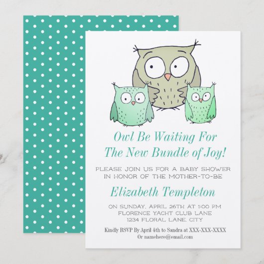 Invitation Cute Owl Baby shower Genre Neutre Bundle de Joy (Devant / Derrière)
