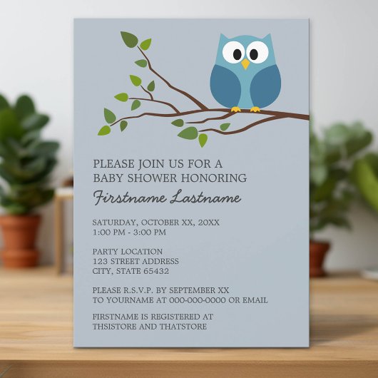 Invitation Cute Owl sur Branche Baby Boy Douche