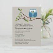 Invitation Cute Owl sur Branche Baby Boy Douche (Debout devant)