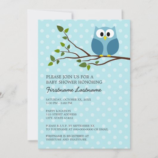 Invitation Cute Owl sur Branche Bleu clair Baby Boy Douche (Devant)