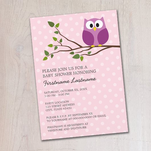 Invitation Cute Owl sur Branche et pois Baby Girl Douche