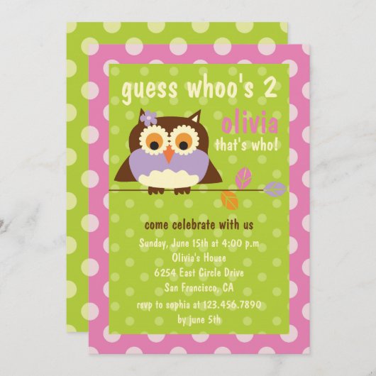 Invitation Cute Owl sur une branche Pois fête d'anniversaire (Devant / Derrière)