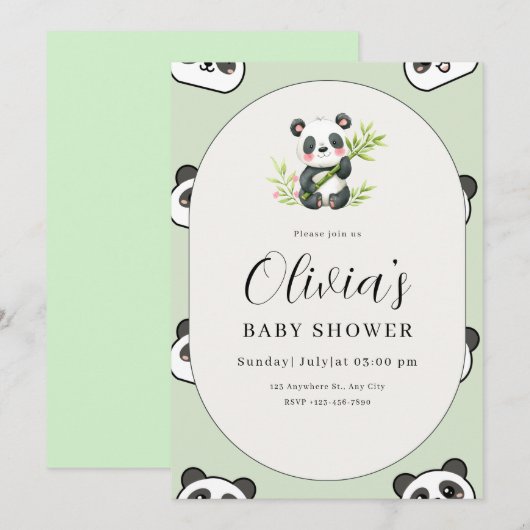 Invitation Cute Panda Baby Shower Green Botanical Panda Theme (Devant / Derrière)
