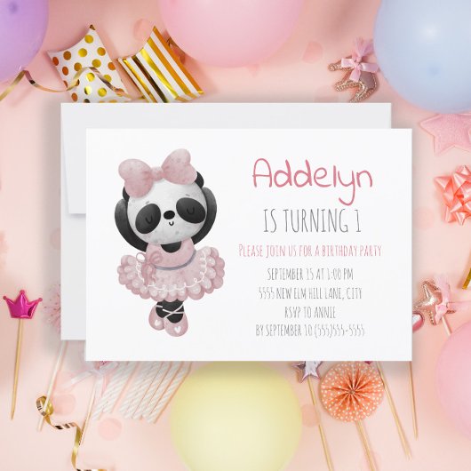 Invitation Cute Panda Ballerina Pink 1er anniversaire