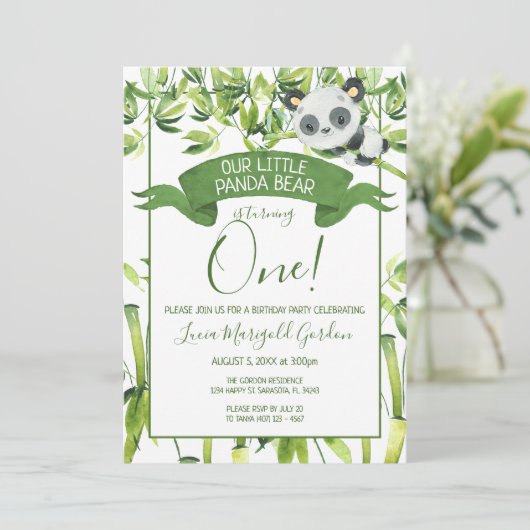 Invitation Cute Panda Bear Vert Bambou Premier anniversaire f (Debout devant)