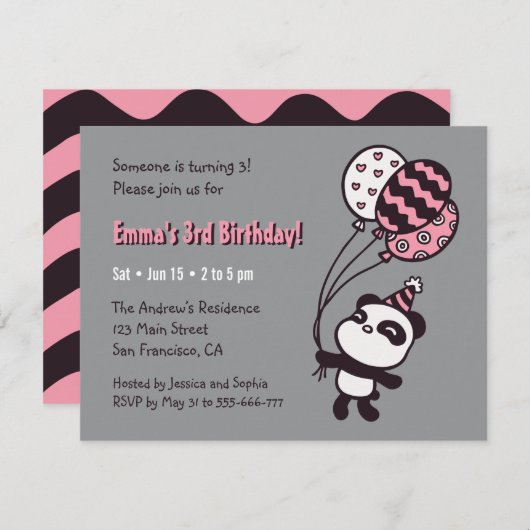Invitation Cute Panda et Ballons Filles Anniversaire (Devant / Derrière)