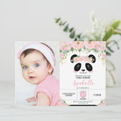 Invitation Cute Panda fête d'anniversaire rose florale photo (Debout devant)