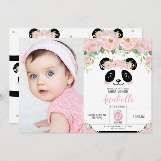 Invitation Cute Panda fête d'anniversaire rose florale photo (Devant / Derrière)