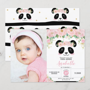 Invitation Cute Panda fête d'anniversaire rose florale photo