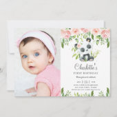 Invitation Cute Panda Floral Green 1er anniversaire fille pho (Devant)