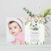 Invitation Cute Panda Floral Green 1er anniversaire fille pho (Debout devant)