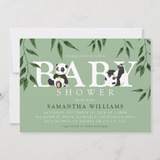 Invitation Cute Panda & Foliage Baby shower neutre (Devant)
