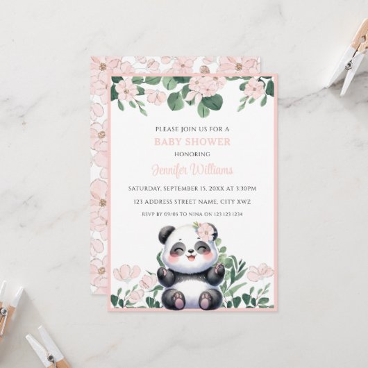 Invitation Cute Panda Girl Verdure Baby shower rose Fleur (Devant/Arrière en situation)