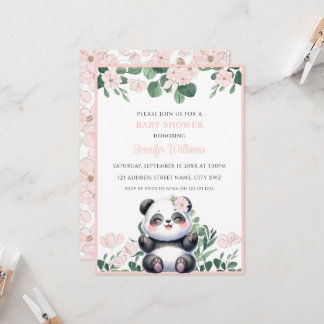 Invitation Cute Panda Girl Verdure Baby shower rose Fleur
