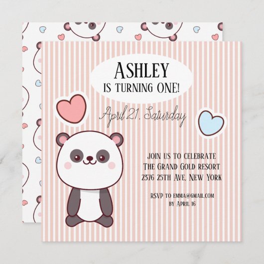 Invitation Cute Panda Kawaii 1er anniversaire (Devant / Derrière)