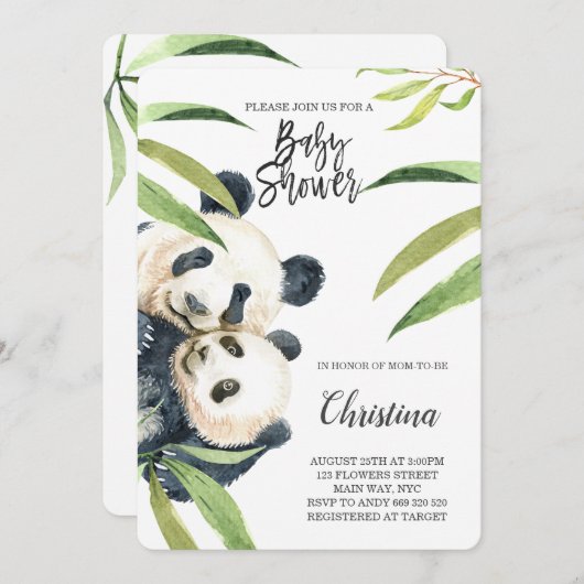 Invitation Cute Panda Maman & Baby Baby shower Eucalyptus (Devant / Derrière)