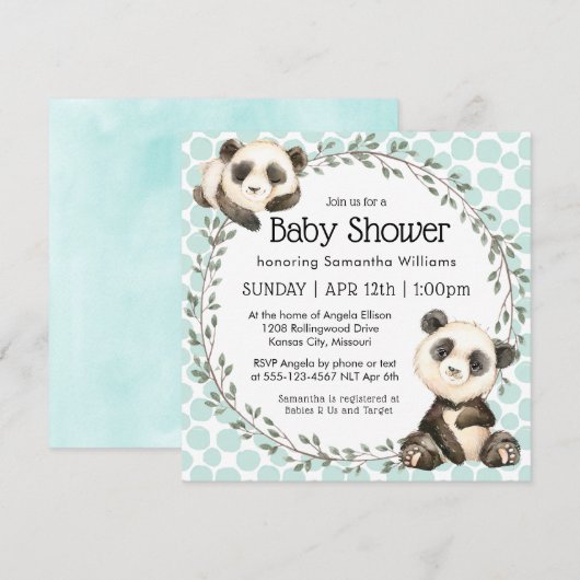Invitation Cute Panda Oears Baby shower Carré (Devant / Derrière)