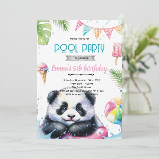 Invitation Cute panda pool theme invite (Debout devant)