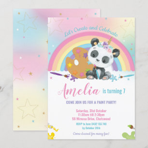 Invitation Cute Panda Rainbow Art Paint Fête d'anniversaire f