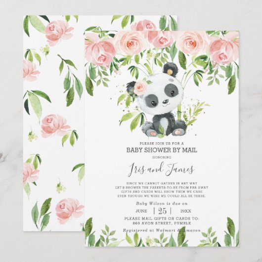 Invitation Cute Panda rose Floral Baby shower virtuel par cou (Devant / Derrière)