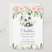 Invitation Cute Panda Rose Floral Verdure 1er anniversaire fi (Devant)