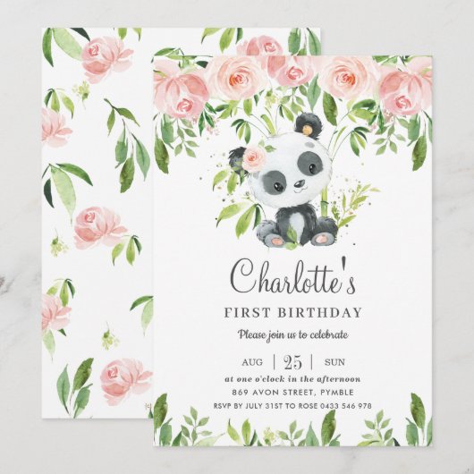 Invitation Cute Panda Rose Floral Verdure 1er anniversaire fi (Devant / Derrière)