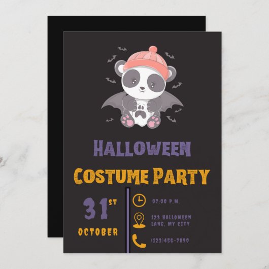 Invitation Cute Panda Vampire Ghost Bats Black Halloween (Devant / Derrière)