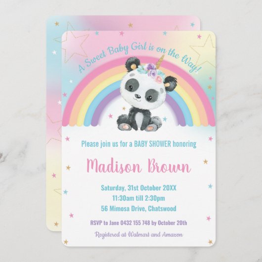 Invitation Cute Pandacorn Panda Baby shower arc-en-ciel (Devant / Derrière)