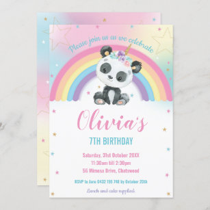 Invitation Cute Pandacorn Panda Rainbow fête d'anniversaire