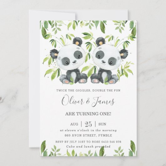 Invitation Cute Pandas Bamboo Vert Jumeaux Jumeaux Anniversai (Devant)