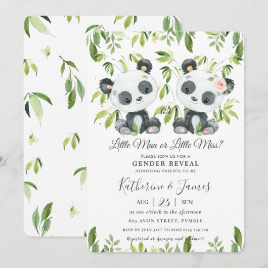 Invitation Cute Pandas verdure Baby shower de révélation de g (Devant / Derrière)