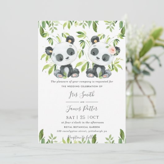 Invitation Cute Pandas Vert Bambou Mariage vert (Debout devant)
