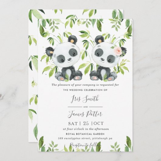 Invitation Cute Pandas Vert Bambou Mariage vert (Devant / Derrière)