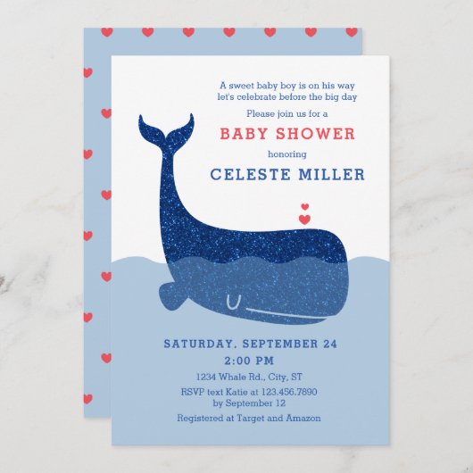 Invitation Cute Parties scintillant Baby shower baleine Invit (Devant / Derrière)