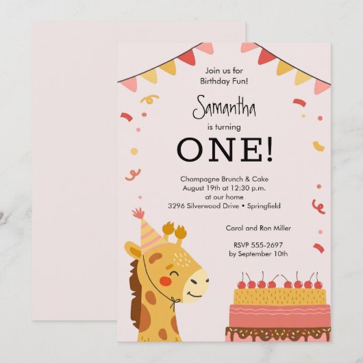 Invitation Cute Party Animal Girl 1st Birthday (Devant / Derrière)