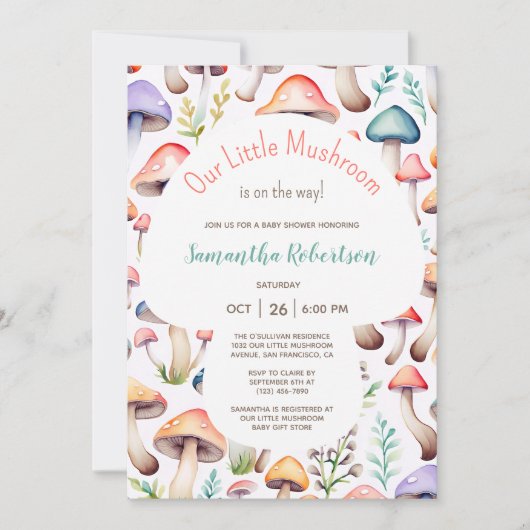 Invitation Cute Pastel Aquarelle Baby shower champignon (Devant)