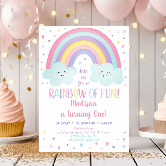 Invitation Cute Pastel Arc-en-ciel Nuages Premier Anniversair