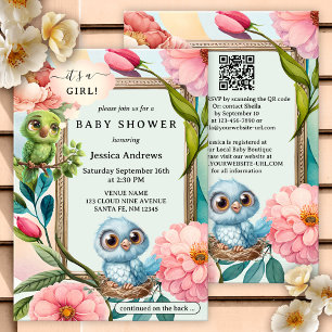 Invitation Cute Pastel Birds Baby shower aux fleurs d'aquarel