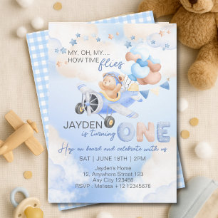 Invitation Cute Pastel Bleu Brown Ours Bébé Sur Avion