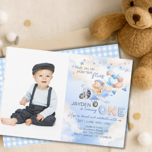 Invitation Cute Pastel Bleu Brown Ours Bébé Sur Avion