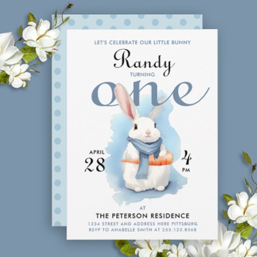 Invitation Cute Pastel Blue Quelques Bunny Premier Anniversai