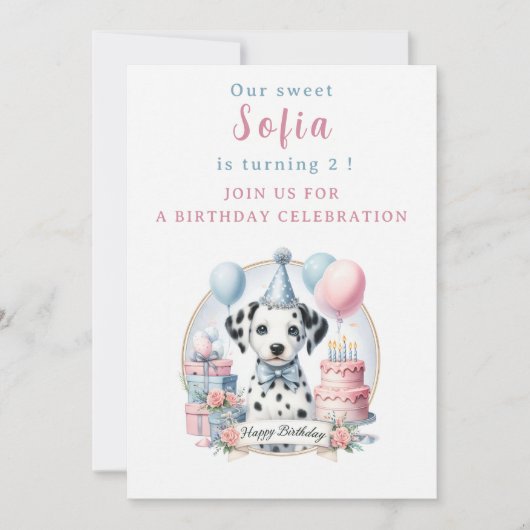 Invitation Cute Pastel Chiot Dalmatien - Anniversaire (Devant)
