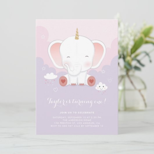 Invitation Cute Pastel Elephant Unicorn Première fête d'anniv (Debout devant)