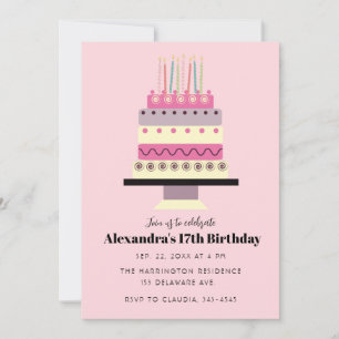 Invitation Cute Pastel Gâteau d'Anniversaire Retro Girl Rose